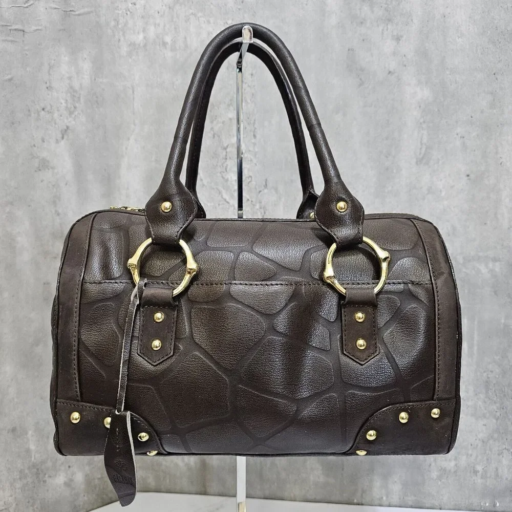 Galaday Chocolate Brown Pebbled Giraffe Pattern Leather Satchel Mini‎ Duffle